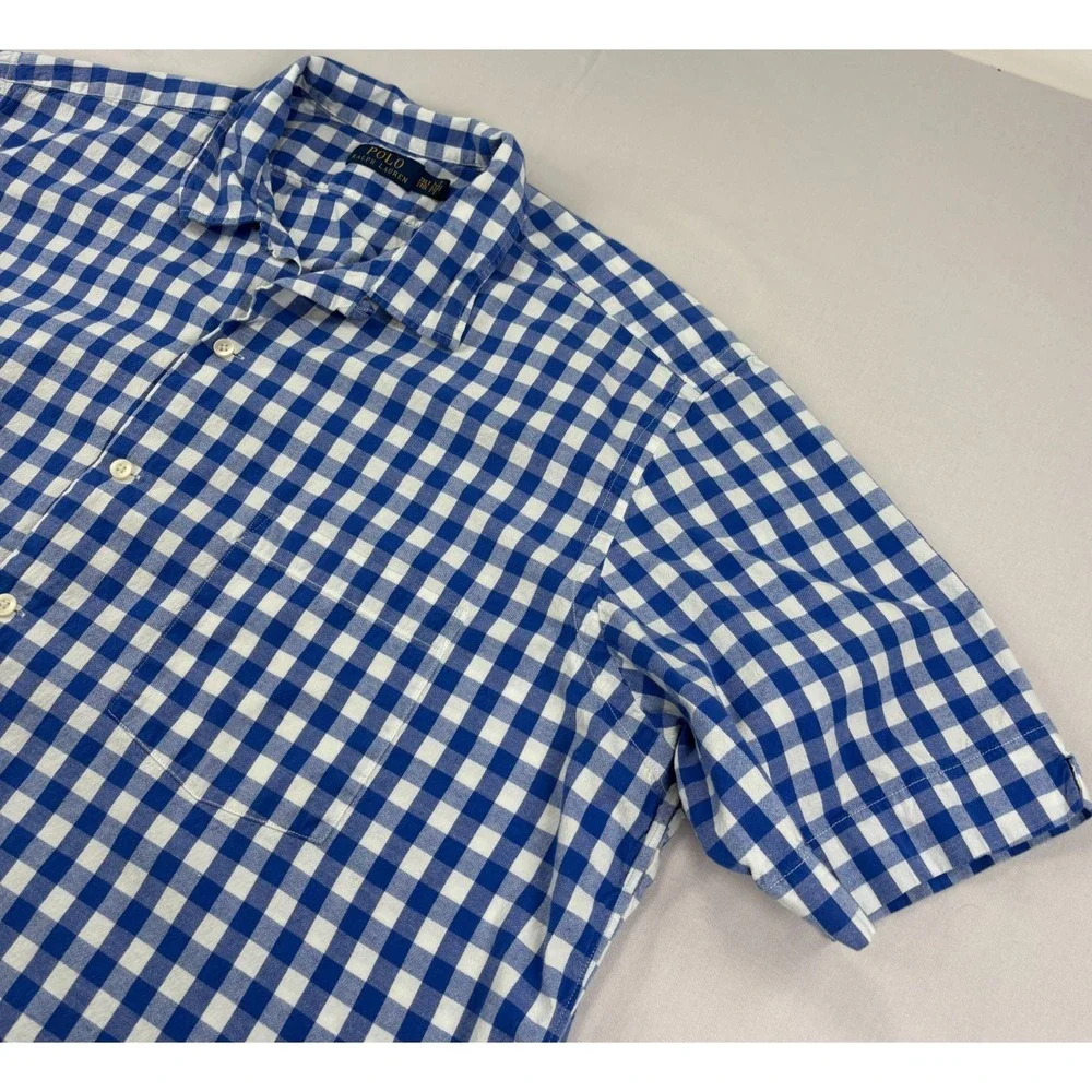 Polo Ralph Lauren Shirt Mens 2XLT Tall Blue Plaid Button Up Loop Collar Beach
